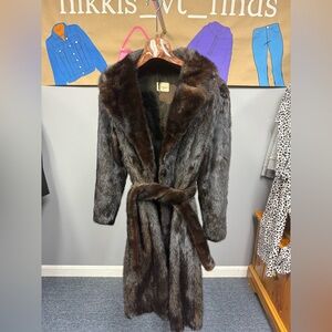 Vintage Dark Brown Mink Fur Coat with fur belt .